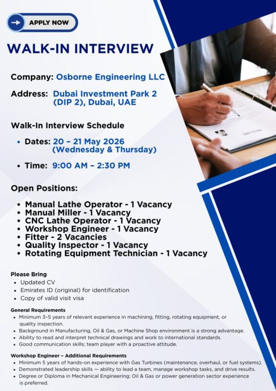Osborne Engineering Walk in Interview in Dubai 18 Osborne Engineering Walk in Interview Poster