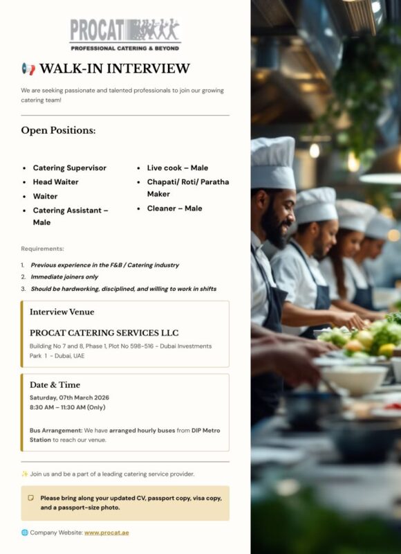 Procat Catering Services Walk in Interview Poster