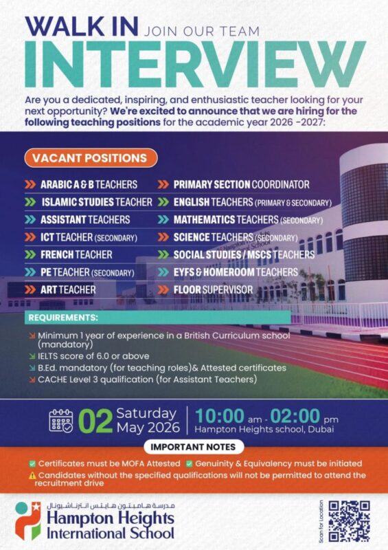 Hampton International School Walk in Interview Poster
