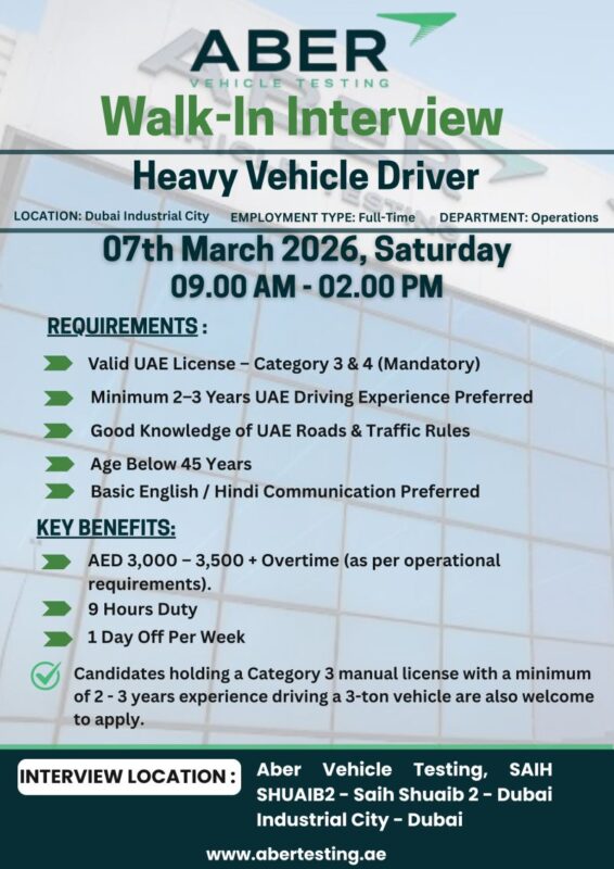 Aber Vehicle Testing Walk in Interview Poster