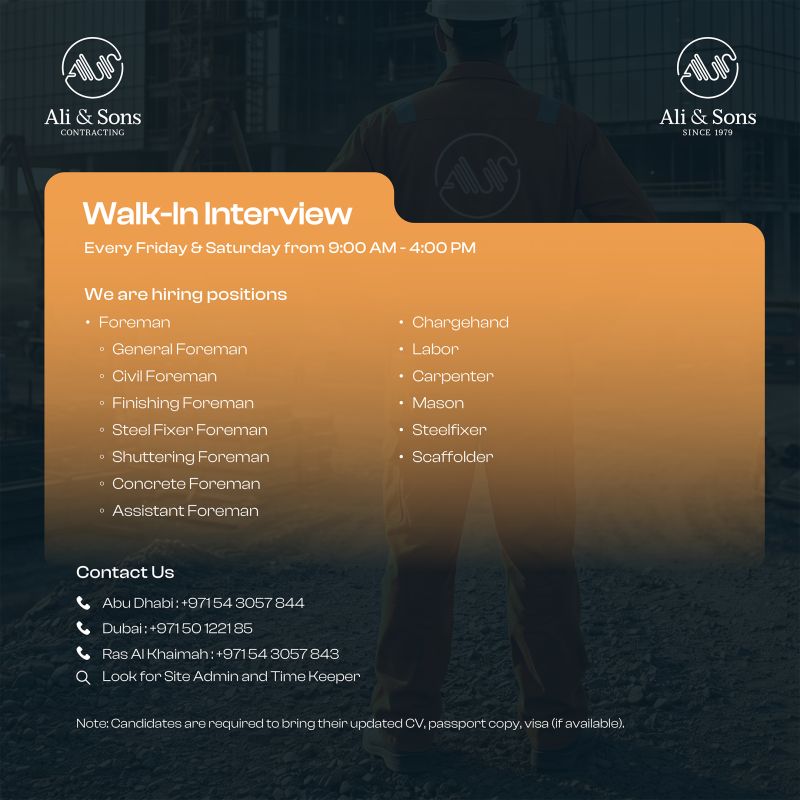 Ali & Sons Contracting Walk in Interview Poster