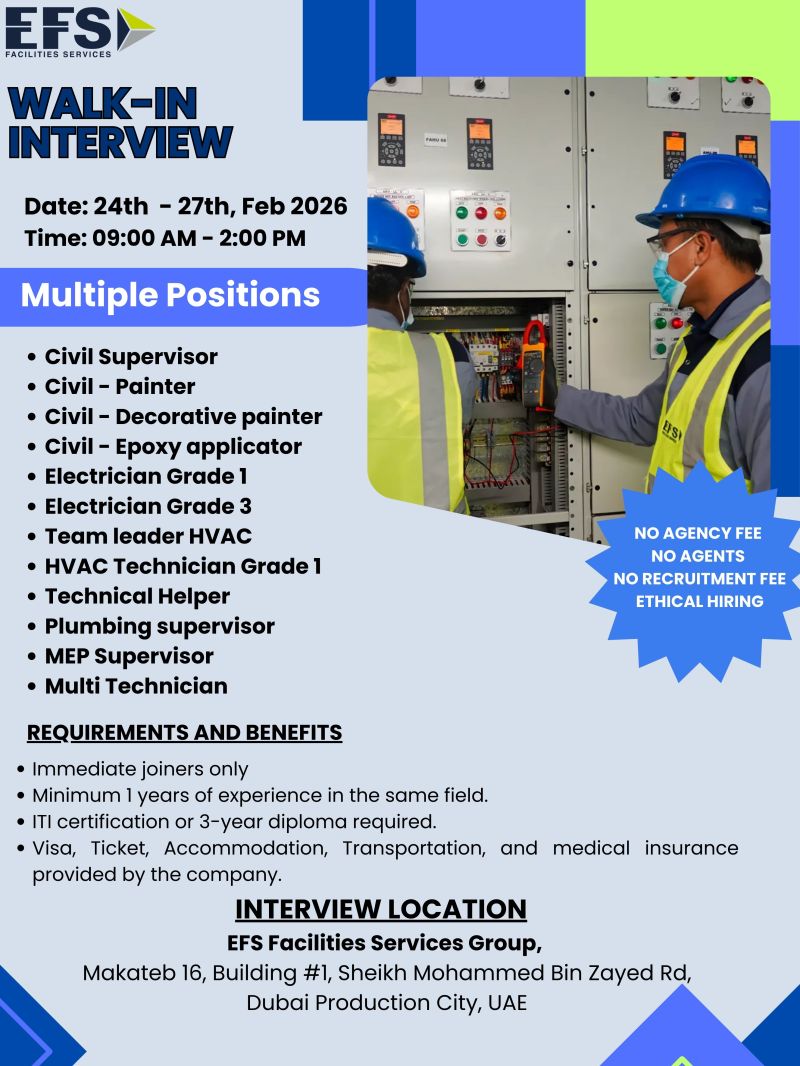 EFS Facilities Walk in Interview in Dubai