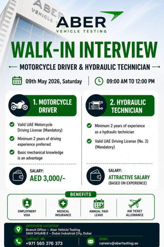 Aber Vehicle Testing Walk in Interview Poster