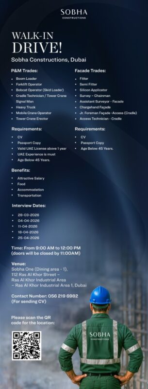 Sobha Construction Walk in Interview Poster