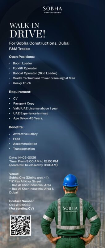 Sobha Construction Walk in Interview Poster