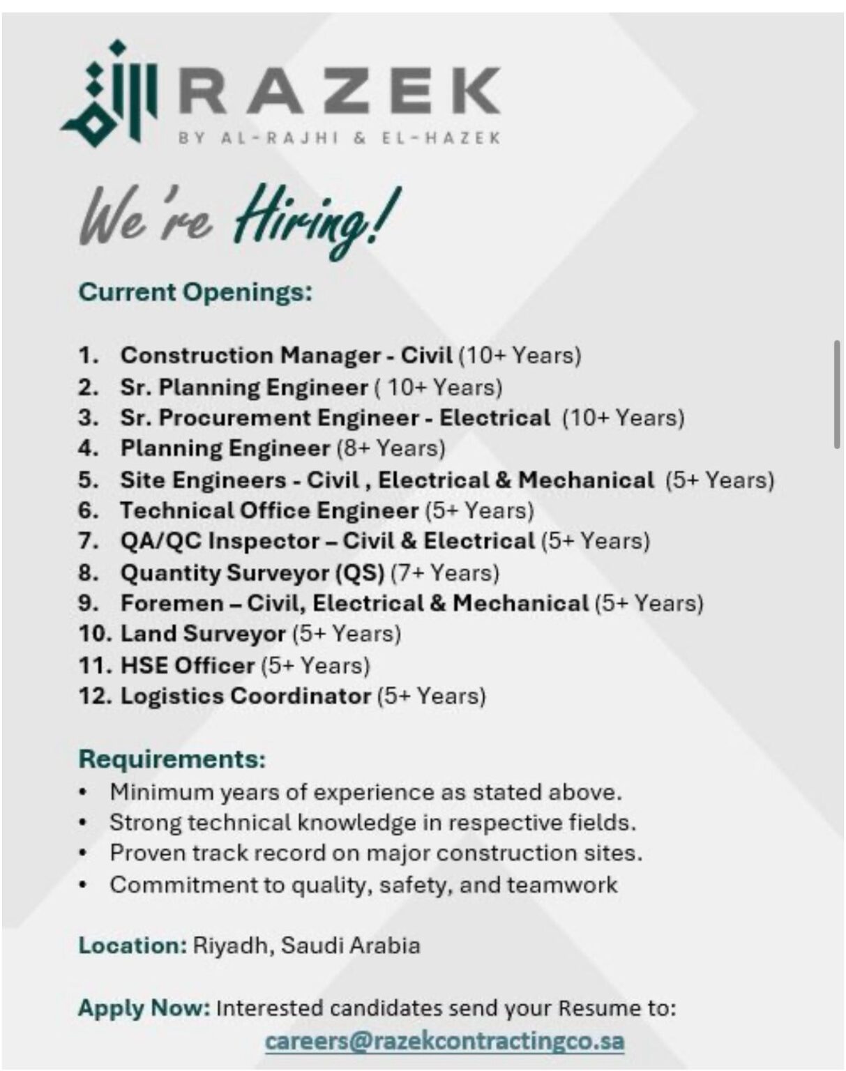 Manar Razek Razek Contracting Recruitment in Riyadh August 2026