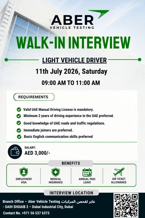 Aber Vehicle Testing Walk in Interview Poster