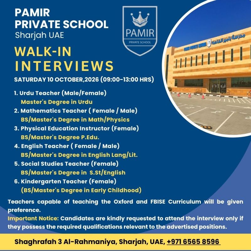 Pamir Private School Walk in Interview Poster