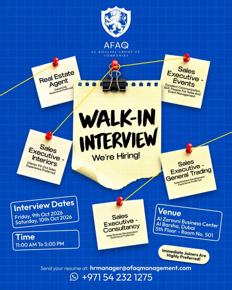 Interview Cv AFAQ Group Walk in Interview in Dubai October 2026