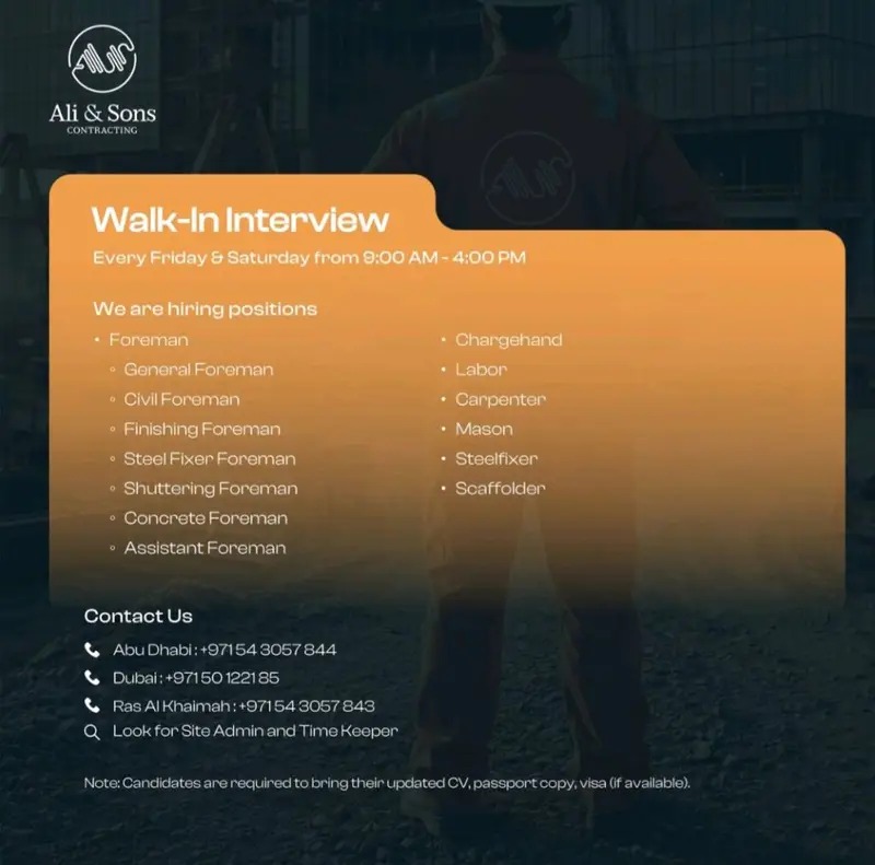 Ali & Sons Contracting Walk in Interview Poster