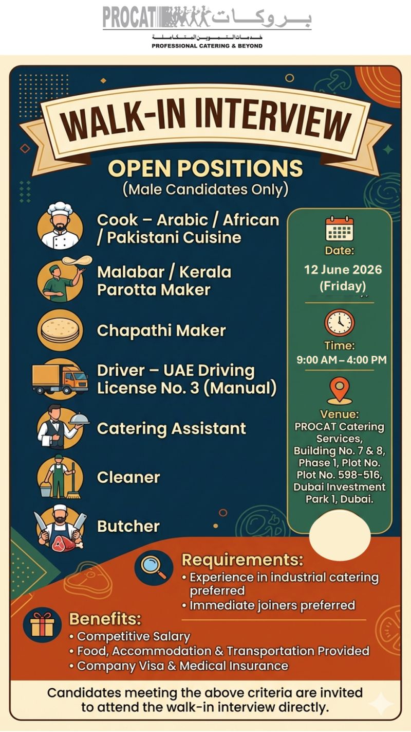 Procat Catering Services Walk in Interview Poster