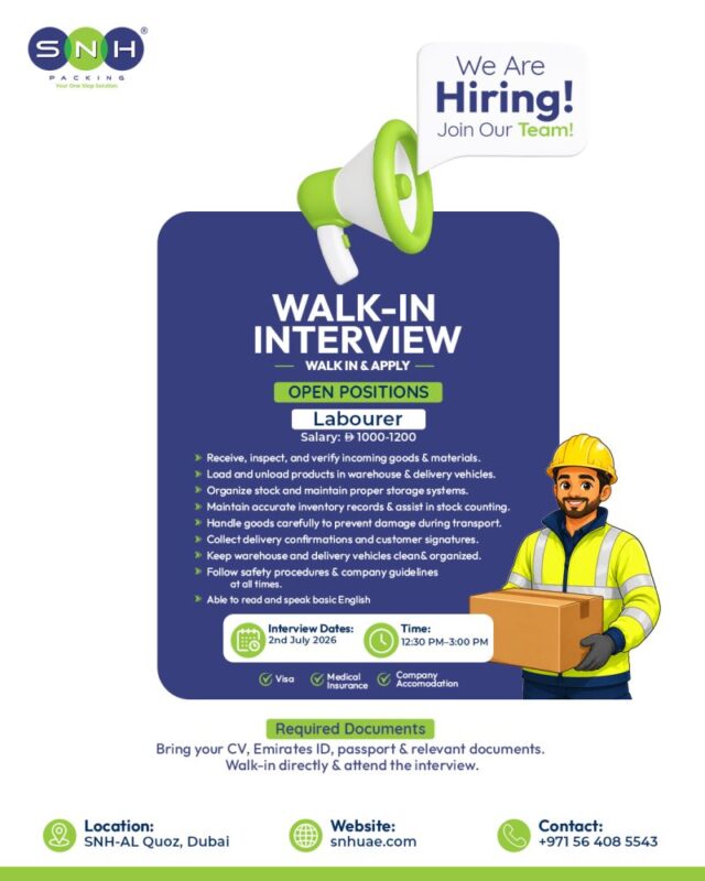 SNH Packing General Trading Walk in Interview Poster