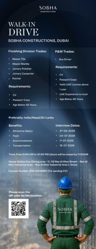 Sobha Construction Walk in Interview Poster