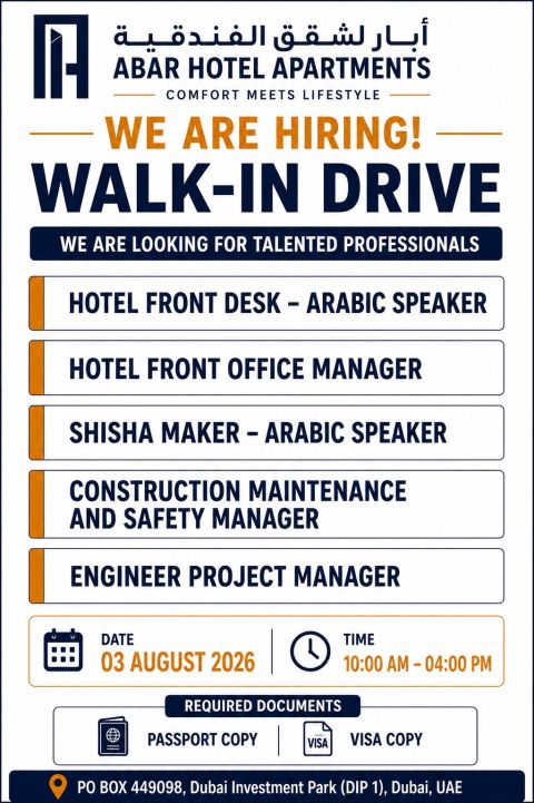 Abar Hotel Apartments Walk in Interview Poster