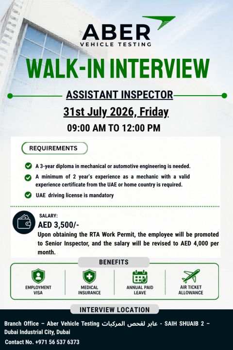 Aber Vehicle Testing Walk in Interview Poster