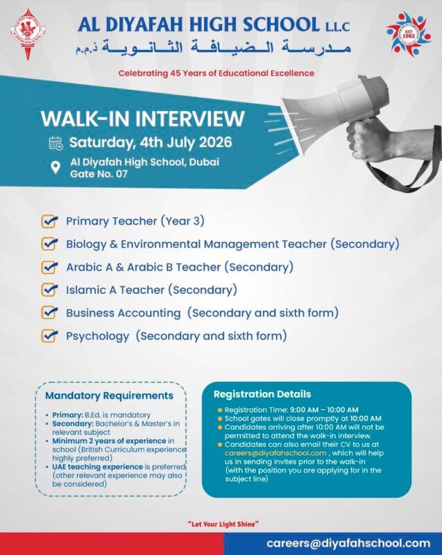 Al Diyafah High School Walk in Interview Poster