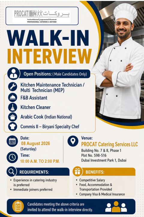 Procat Catering Services Walk in Interview Poster