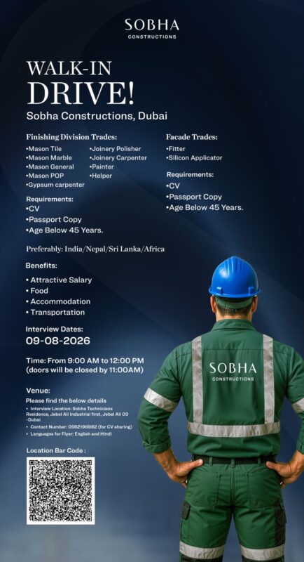 Sobha Construction Walk in Interview Poster