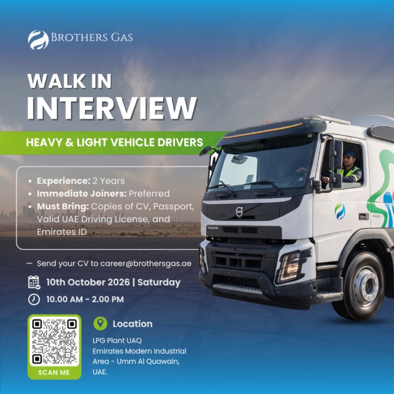 Interview Cv Brothers Gas Walk in Interview in Umm Al Quwain October 2026