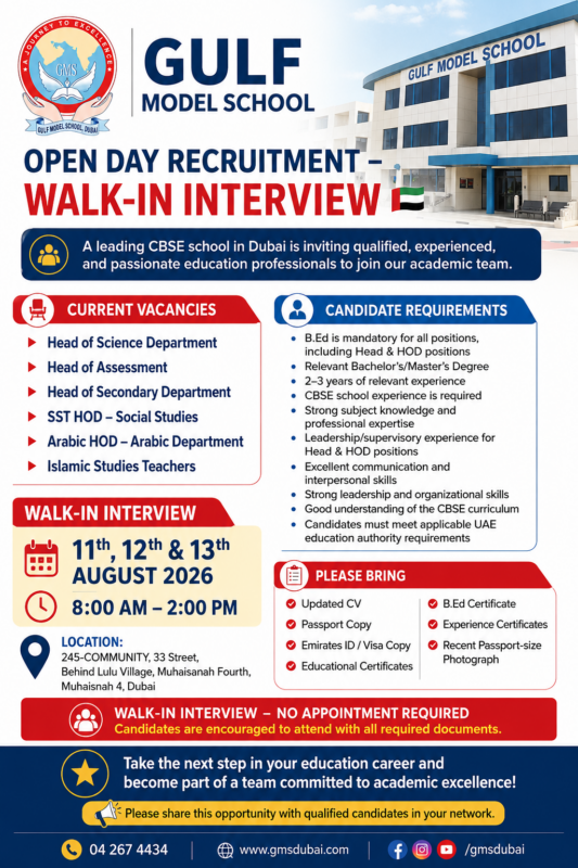 Gulf Model School Open Day Recruitment Poster