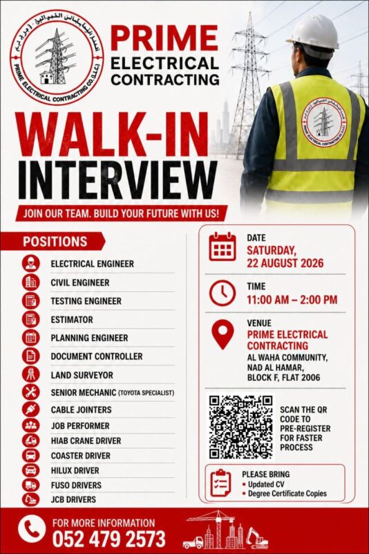 Prime Electrical Contracting Walk in Interview Poster