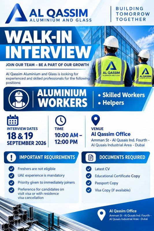 Al Qassim Aluminium & Glass Walk in Interview Poster
