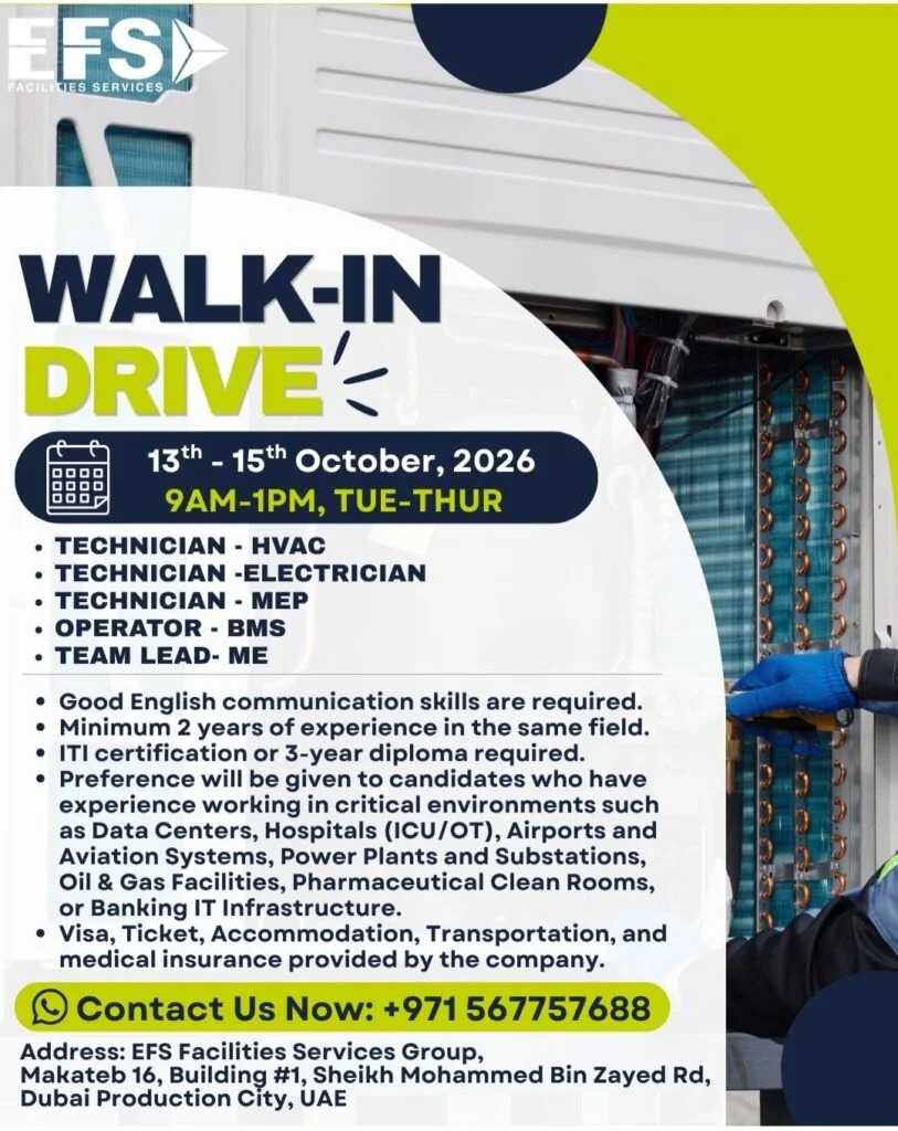 EFS Facilities Walk in Interview Poster