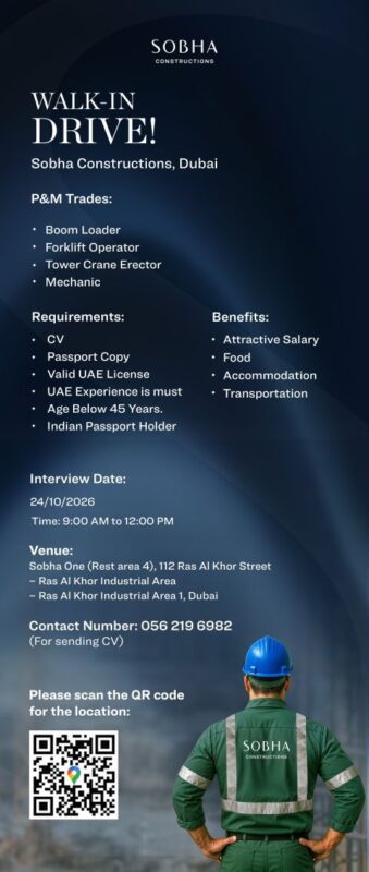 Sobha Construction Walk in Interview Poster