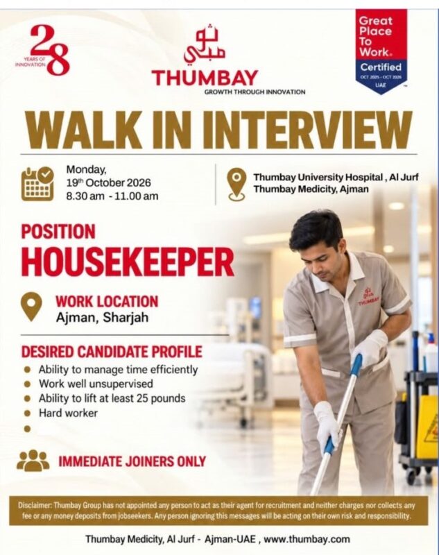 Thumbay Group Walk in Interviews Poster